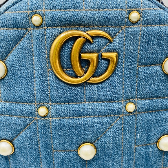 🎉SOLD🎊Gucci Gg Marmont Matelassé Denim Pearl Embellished Backpack Authentic - Picture 5 of 13